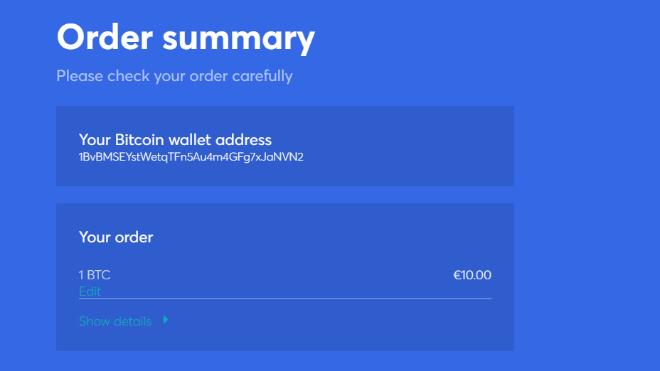 check the order summary of your cryptocurrency purchase
